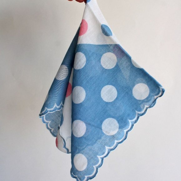 Vintage Cotton Handkerchief / Blue and Pink Polkadots Hanky - Picture 7 of 8